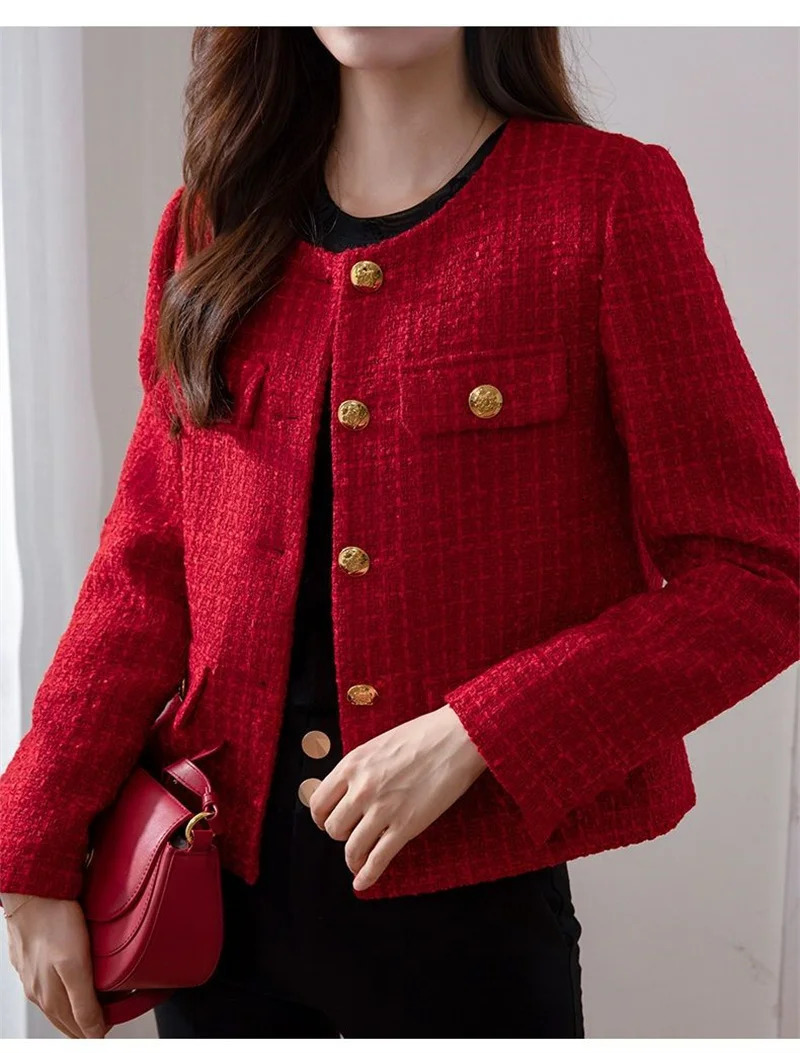 Womens Jacket Spring Autumn Red Tweed Small Fragrance Coat Short Blazers Korean Fashion Elegant Female Tops Outerwear 250304