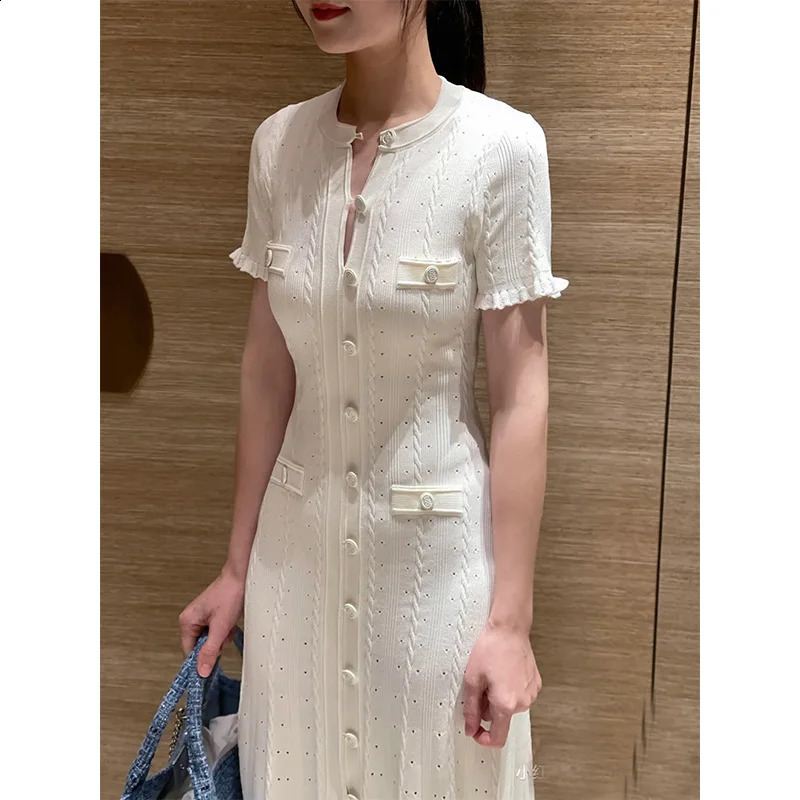 French Fashion Runway Knitt Single Breasted Mermaid Midi Dress Elegant Lady Ruffled Sleeve Hollow Out Slim Sweater 250305