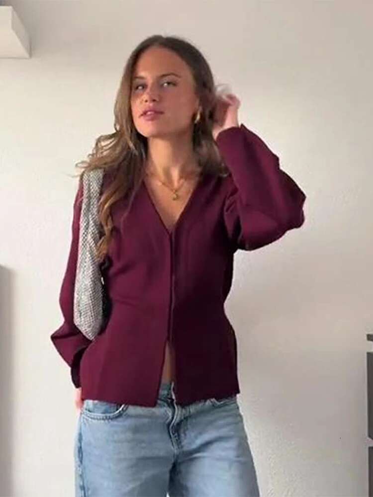 Bury Red Knitted V-Neck Split Cardigan Women Solid Color Slim Long Sleeve Front Hook Sweater Autumn Elegant Lady Knitwear