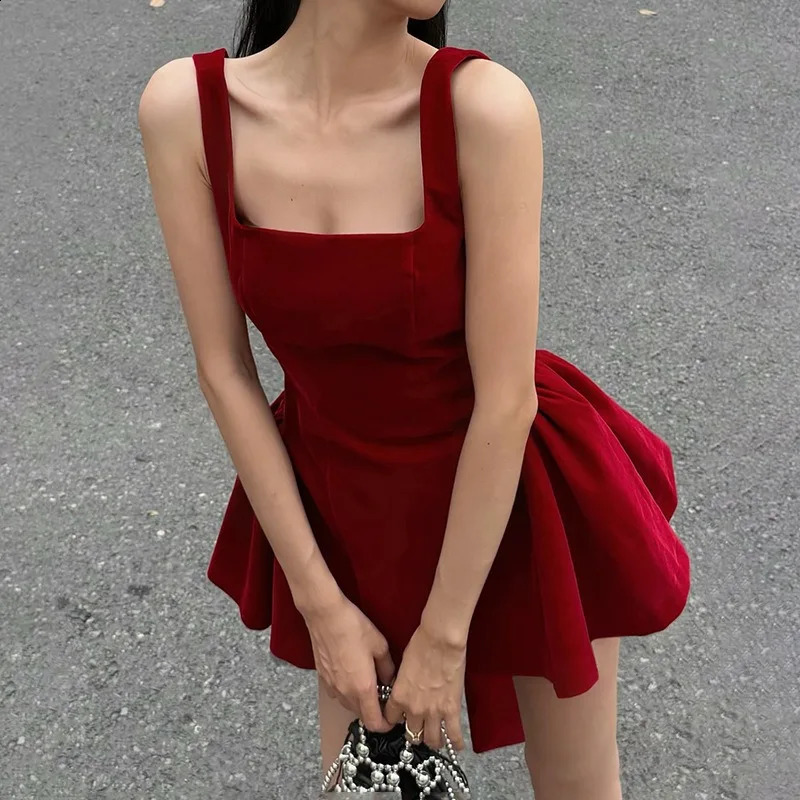 Tuularose Red Bow Dress Womens Sexy Backless Slim Tank Top A Line Sleeveless Spaghetti Straps y Party Evening 250305