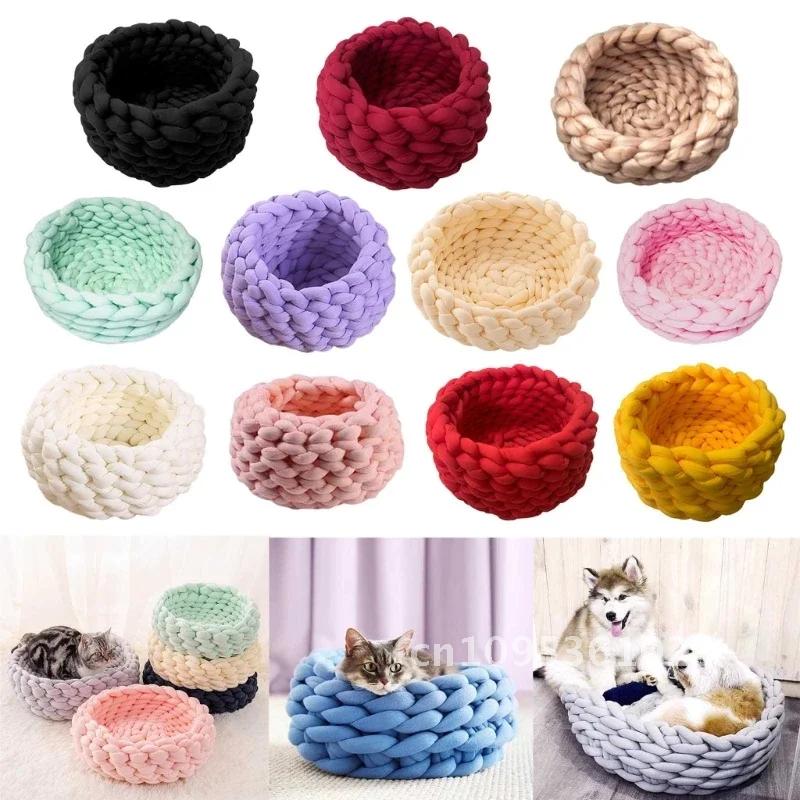 30cm 35cm Round Crocheted Cats Beds Kitten Soft Puppy Cushion Bed Chunky Handmade Dog Supplies Pet Mats