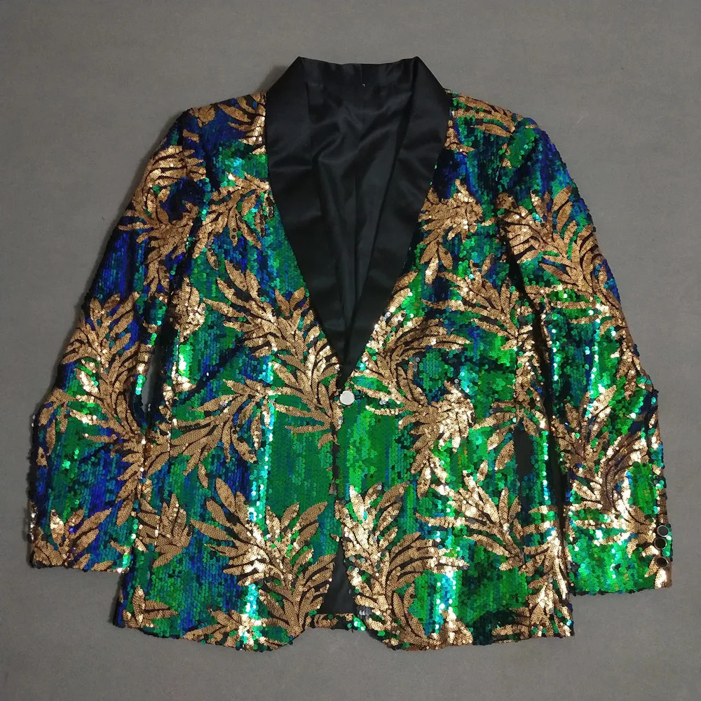 Mens Plus Size Glitter Gold Green Sequins Leaves Pattern Blazers DJ Night Club Singer Slim Fit Suit Jacket Host Stage Costume 250304