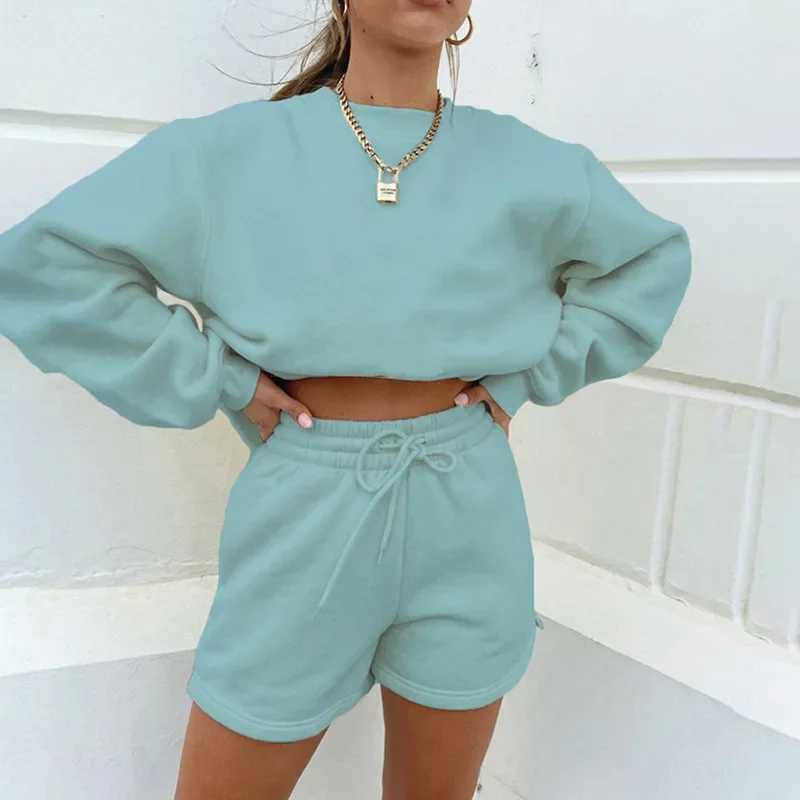 Womens Short Sets Round Neck Long Sleeve Solid Color Elastic Waist Pencil Pants Pullover Loose Fit Casual Pockets Autumn X250305