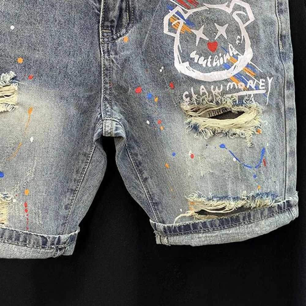 Cat Whiskers Ripped Denim Shorts Mens Personalized Print Splash Ink Summer New Korean Style Slim Fashion Five-Fifth PantT250305