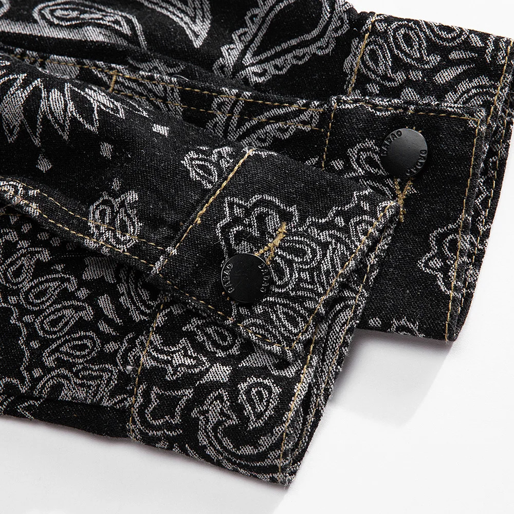 Mens Paisley Bandana Print Denim Jacket Streetwear Pattern Jacquard Weave Coat Fashion Loose Long Sleeve Outerwear Black Blue 250225