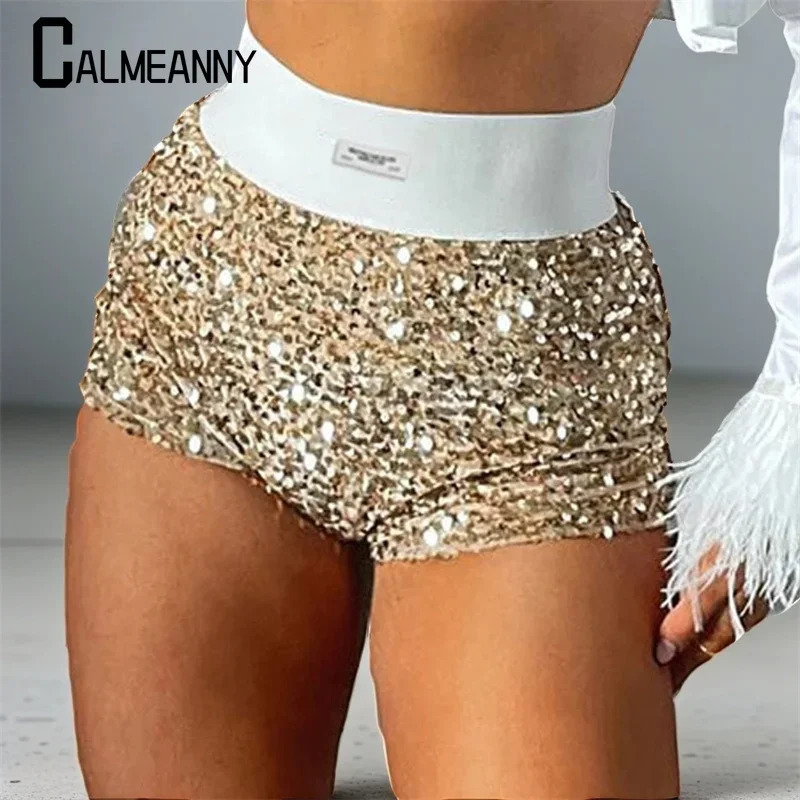Womens sequin shorts 2023 summer sexy elastic fashion high waist tight party club Raves Pole Dance trend 250304
