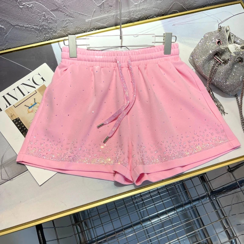 2024 Summer Pink Short European Products Diamond High Waist Small Loose Wide Legs A Casual Bathroom Pants 250304