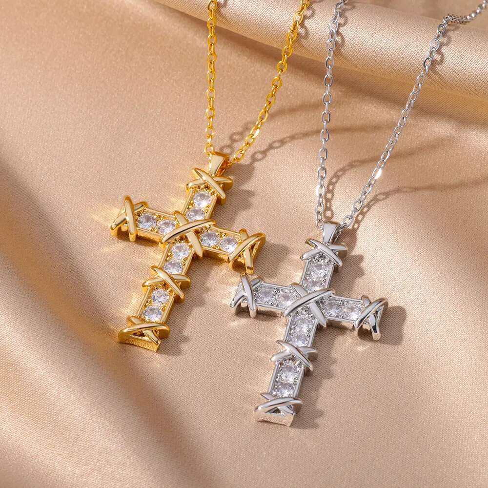Cross Zircon Necklace For Women Men Gold Plated Stainless Steel Clavicle Chain Necklaces Vintage Religion Aesthetic Jewelry 2024