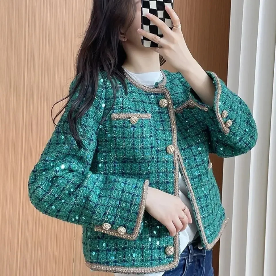 Tweed Wool Blend Coat for Women Round Neck Mixtures Jacket Woman Splicing Outerwears Novelty on Sale In Trendy 250225