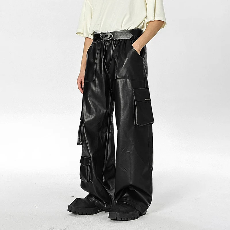 TFETTERS hiphop fashion leather pants mens 2025 multi pocket goods Trouser punk retro clothing 250304