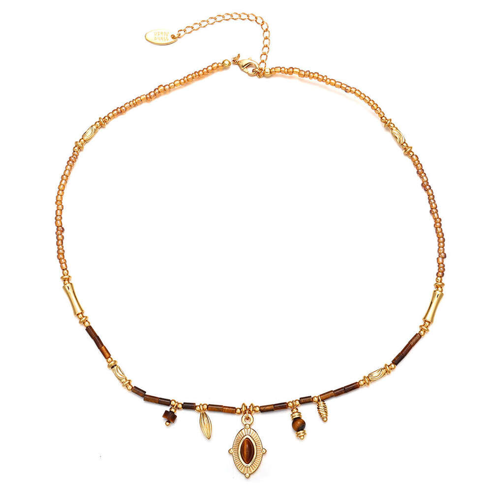 Cross border fashion, light , high-end feel, brass, gold-plated resin, rice bead necklace, Maillard classic, versatile
