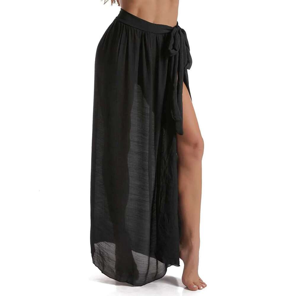 Knitted Women Cover-Up Sarong Solid Color Hollow-Out Side High Slit Mini Fashion Beach Long Skirts Cover Up Km-Ly