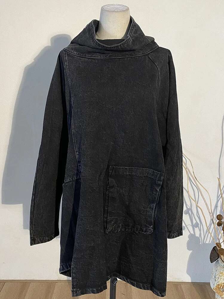 Loose Fit Black Denim Sweatshirt New High Collar Long Sleeve Women Big Size Fashion Spring Autumn