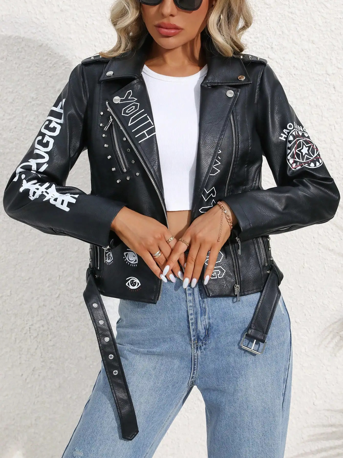 Fitaylor Women Faux PU Leather Jacket Casual Lady Lapel Zipper Graffiti Print Coat Motorcycle Bike Rivet Outwear 250226