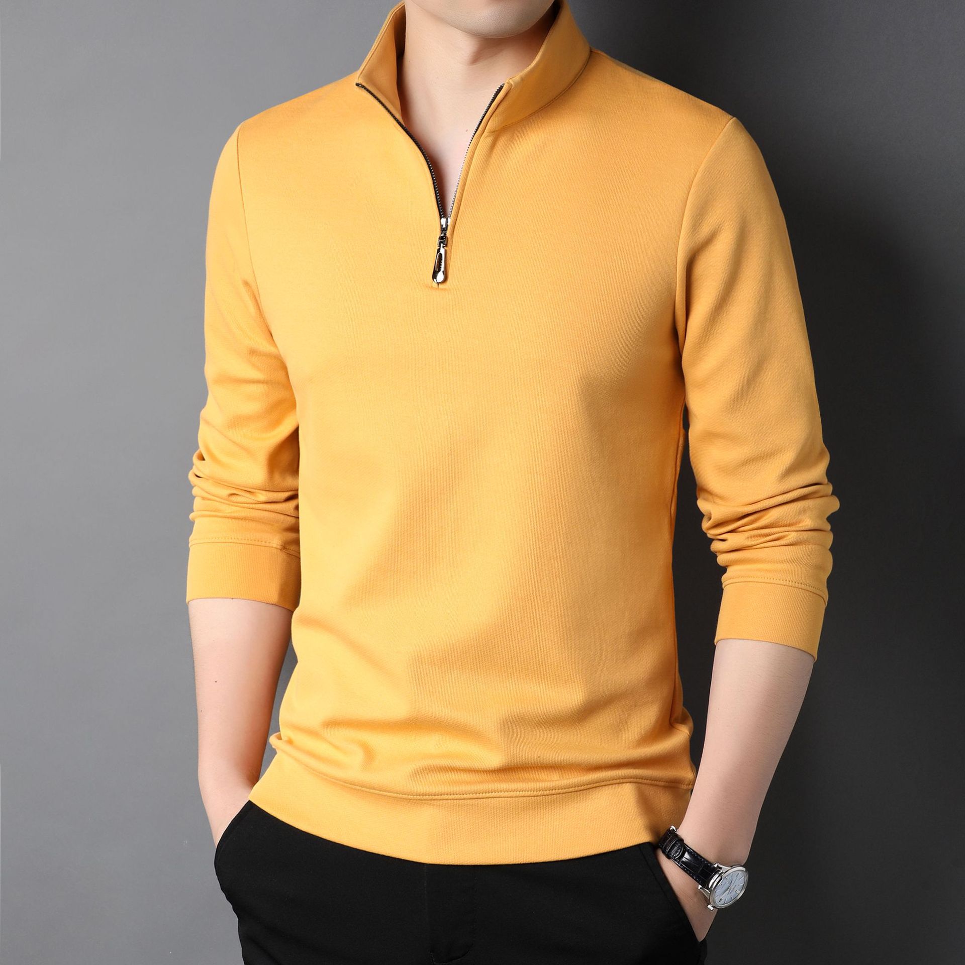 MM03043 2025 new cotton men's long-sleeved sweatshirt middle-aged zipper solid color top