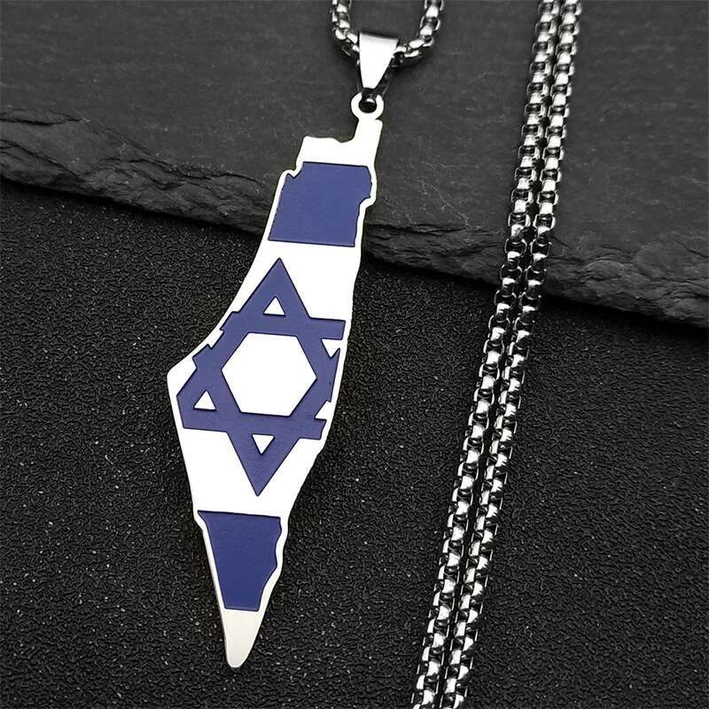 Blue Israel Map Pendant Necklace for Women Men Stainless Steel Sier Color Geography Country Je Star Of David Chain Jewelry