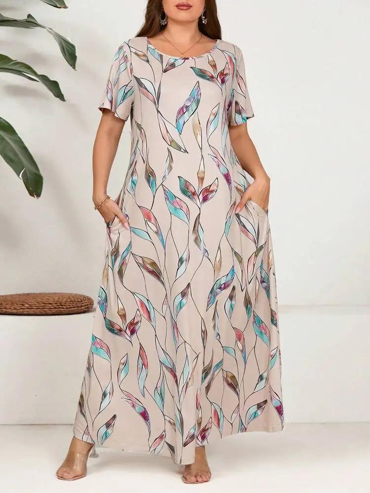 2024 SpringSummer Womens Fashion Short Sleeve plus size Printed Feather Large Size Dress 250225