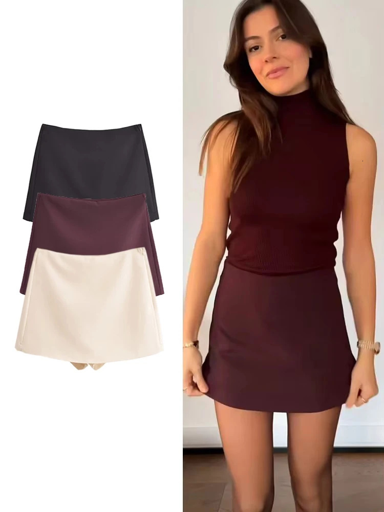TRAF Spring Women Solid Shorts Fashion Causal Side Zipper Mini Skirts Vintage High Waist Streetwear 250304