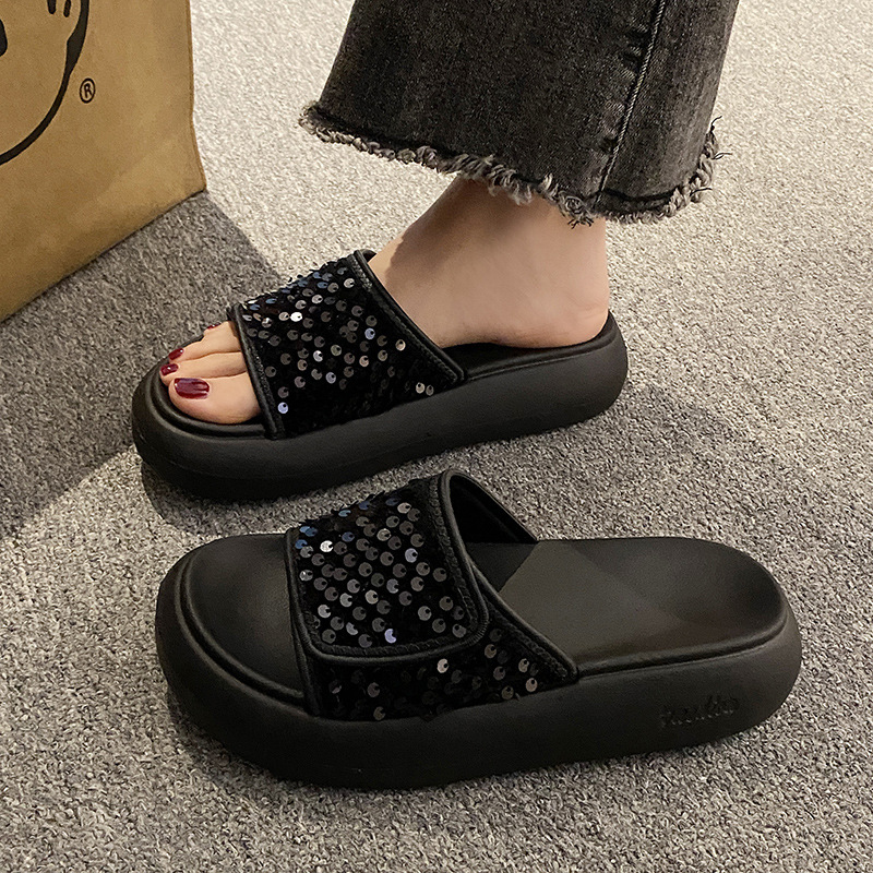 Summer 2025 Women's Black Beaded Open toed Thick Bottom Sandals Fashion New EVA Anti slip Soft Bottom Designer Trendy Casual Sandals