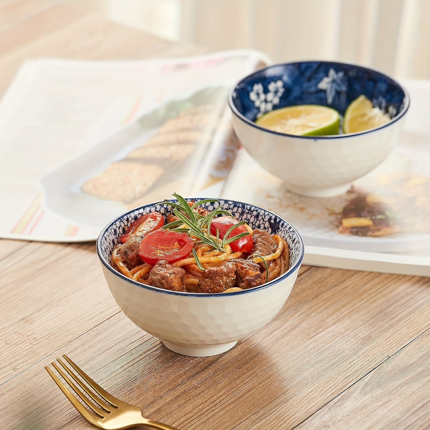 Japanese Style Ceramic Cereal Bowls,10 Ounces Salad,Soup,Rice Bowl Set,Blue and White (4.5 inch)