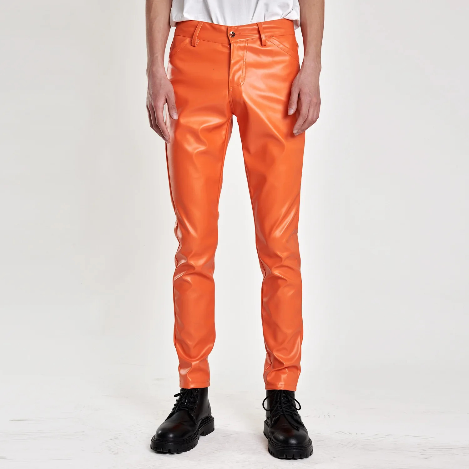 Mens Spring and Summer Fashion Solid Color Thin Leather PantsMultiple Colors Elastic Slim Small Feet Pants 250304