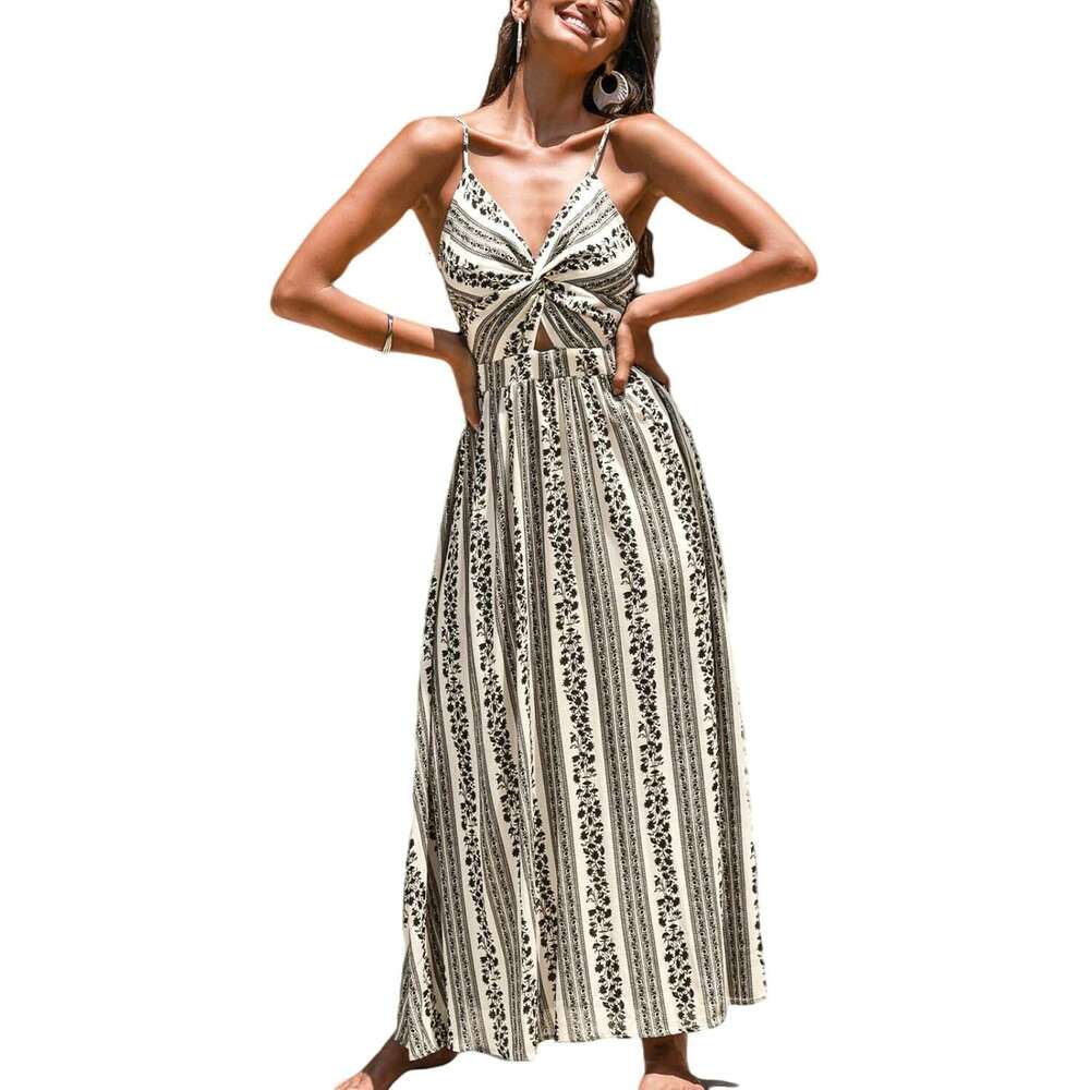 Women's extra long with floral print and twisted V-neck sleeveless dress for summer casual wear