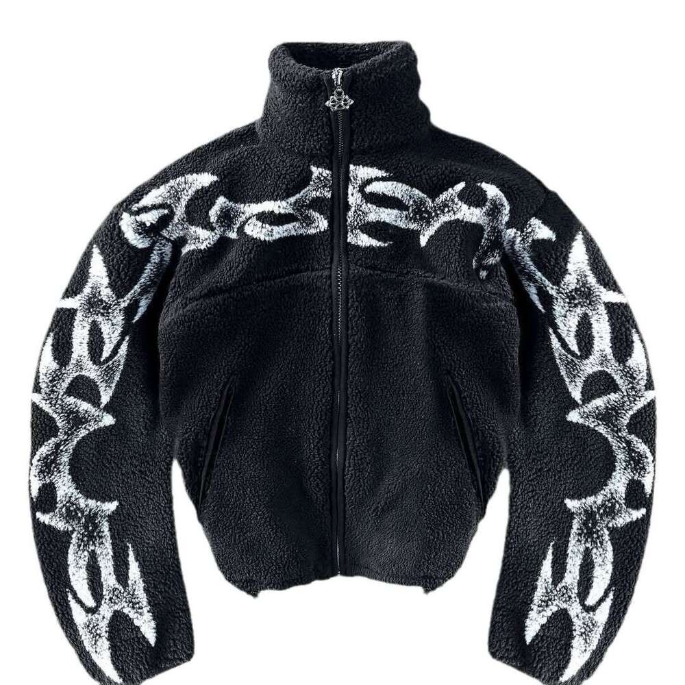Personalized hip-hop winter warm print fleece cardigan men's and women's loose stand up collar zipper jacket