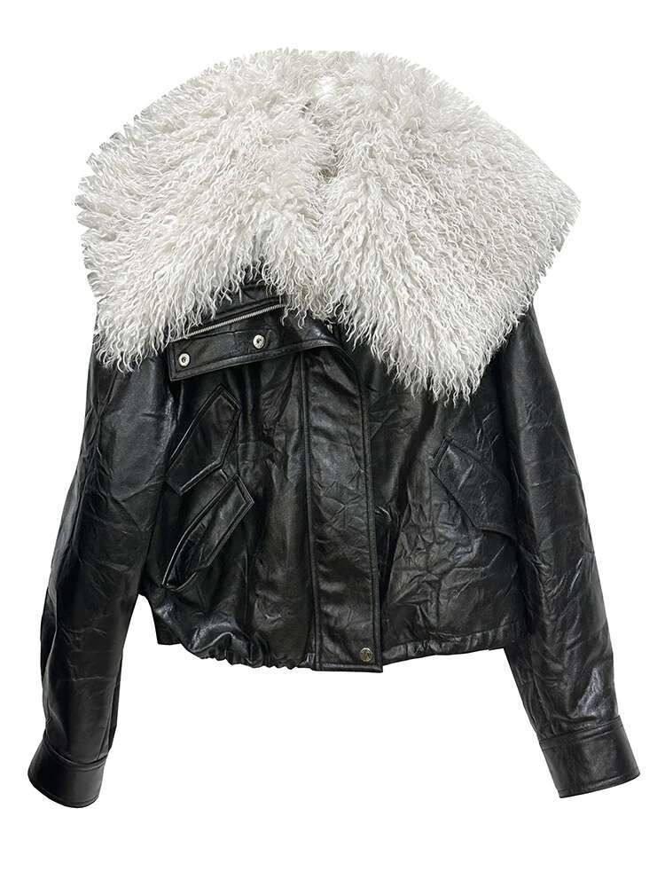Black Big Size PU Leather Jacket New Removable Fur Collar Long Sleeve Women Coat Fashion Tide Spring Autumn