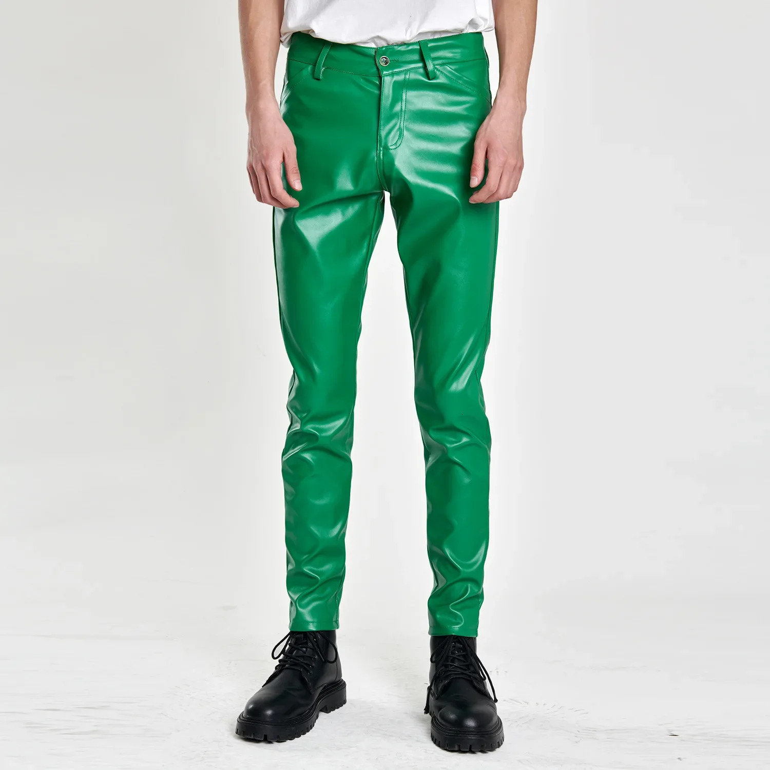Mens Spring and Summer Fashion Solid Color Thin Leather PantsMultiple Colors Elastic Slim Small Feet Pants 250304