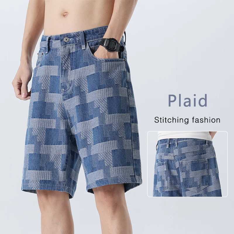 Fashion Plaid Denim Shorts for Men Summer New Straight Casual Splicing Jeans Streetwear Baggy Wide Short Pants MaleT250305