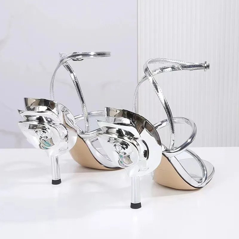 Summer Fashion Flower Decor High Qualtiy Leather Women Gladiator Sandals Shoes Sexy Narrow Band Thin High heels Party Shoes 250228