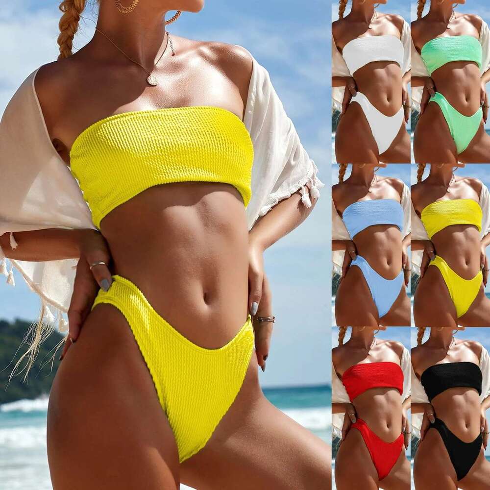 Bandeau Sexy Bikini Women Solid White Black Push Up Ribbed High Waist Swimsuit Off Shoulder Beach Bathing Suit 2 Piece Swimwear Km-Ly