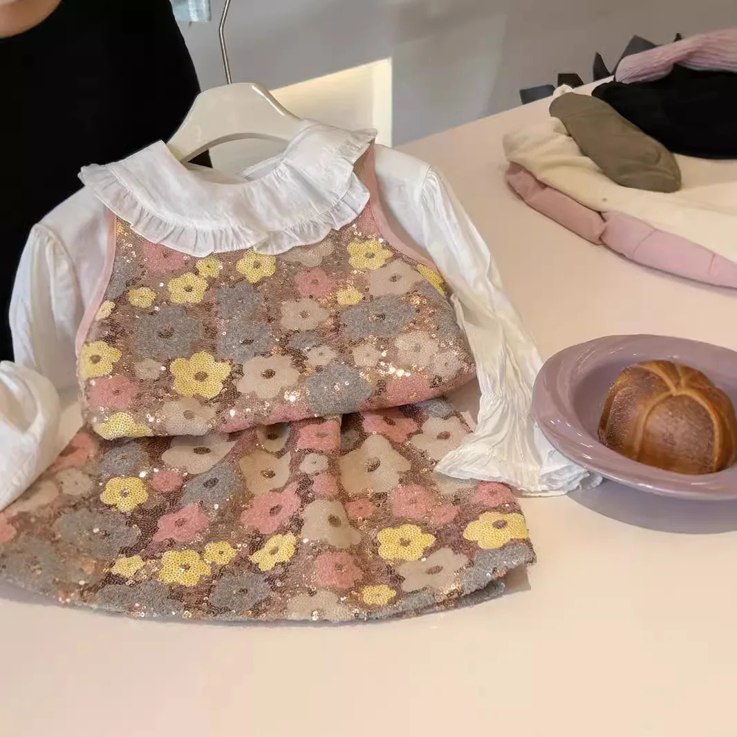 Childrens Sets Girl Summer Baby Causal Vest Short Sleeve Two Pieces Glitter Skirt Sweet Fashion Flower Simple 250304