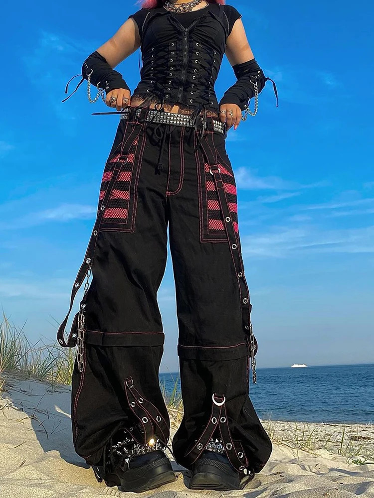 SUCHCUTE Gothic Chain Bandage Wide Leg Pant Oversize Low Rise Dark Academic Trousers Streetwear 90s Baggy Punk Style 250304