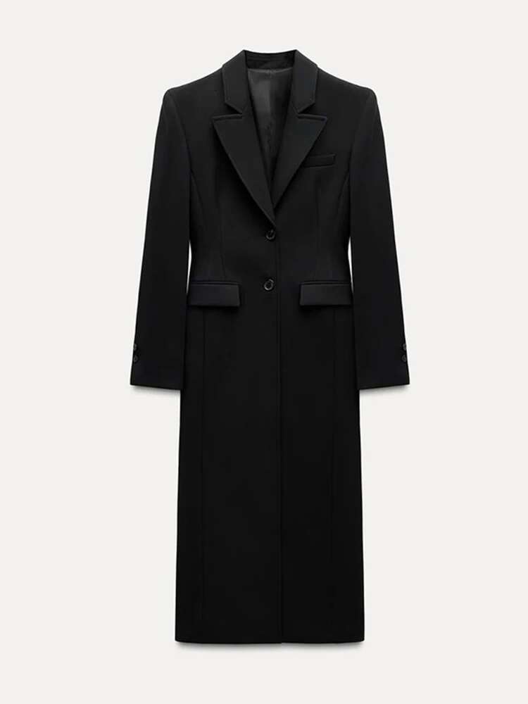 Vintage Lapel Black Long Overcoat Women Slim High Waist Full Sleeve Single Breasted Shoulder Pad Coat New Spring Commute Outwear