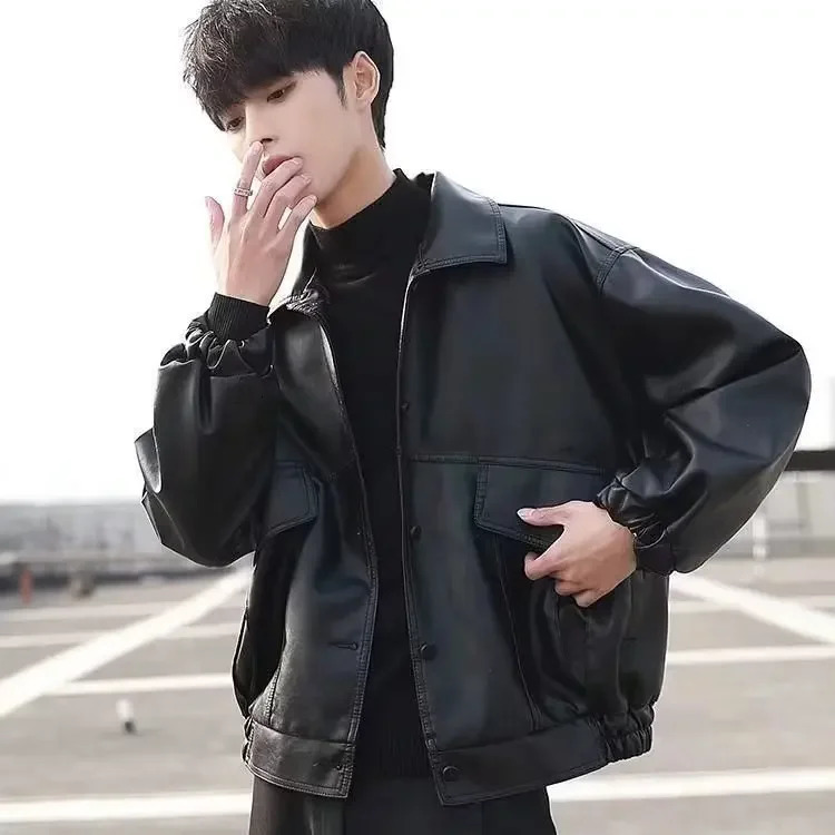 Korean Version of The Trend Handsome Loose PU Leather Clothes Mens Spring and Autumn Fashion Locomotive Clothing Bomber Jacket 250225