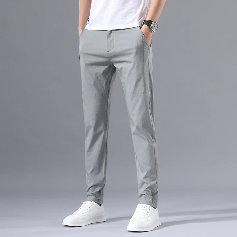 2025 Mens Casual Pants Slim Fit Stretch Classic Chino Trouser Male Elastic Korean Summer Dress Ice Light Thin Business 250304