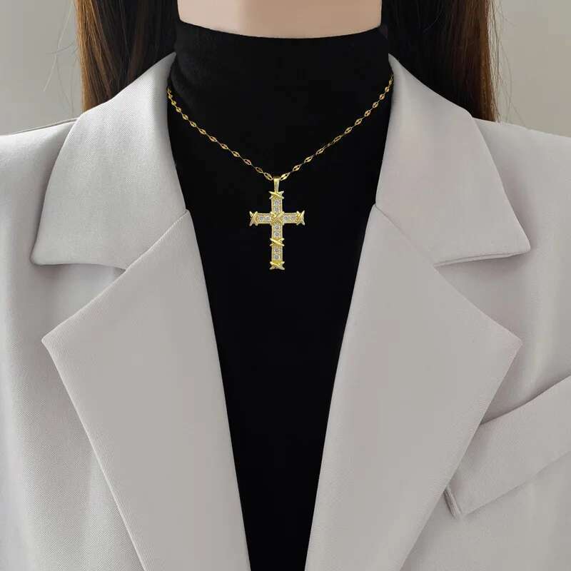 Cross Zircon Necklace For Women Men Gold Plated Stainless Steel Clavicle Chain Necklaces Vintage Religion Aesthetic Jewelry 2024