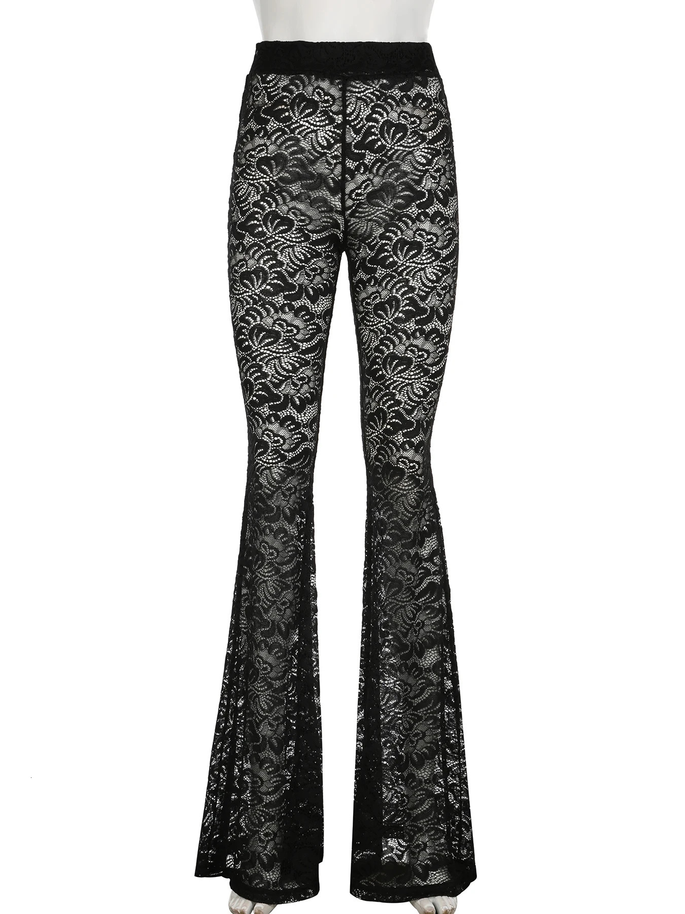 IAMSURE Sexy Slim Lace Flare Pants See Through Solid Mid-Waisted Wide Lege Pants Women Underwear Leggings Streetwear Ladies 250304