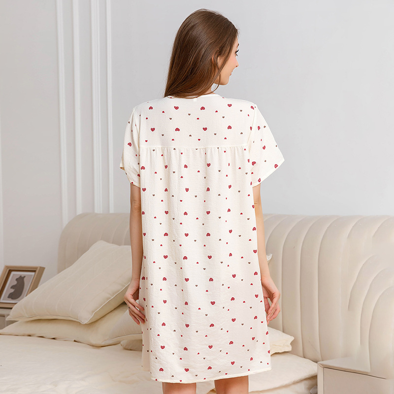 Women's Summer Home Wear Cute Heart Printed Casual Dress with Round Neckline and Short Sleeves