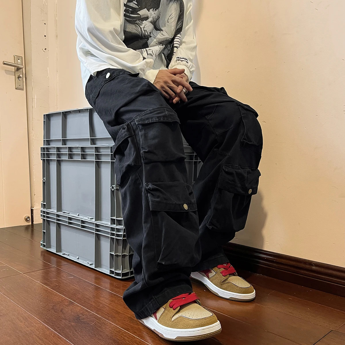 Men Cargo Pants Multi-Pockets Tool Pants Harajuku Mens Vintage Loose Wide Leg Pants Streetwear Casual Hip-Hop Trousers 250304