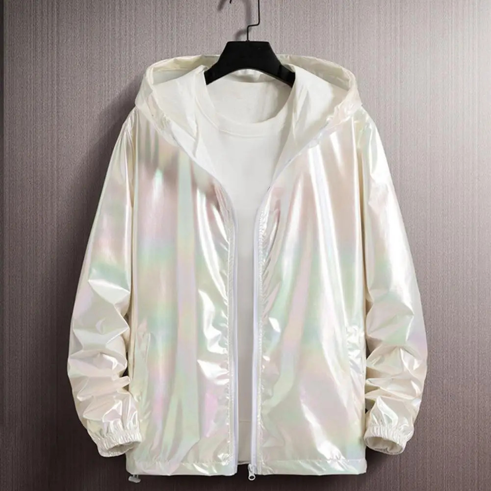Mens Windbreaker Jackets Nightclub Stage Party Costume Streetwear Harajuku Hip Hop Reflective Jacket Gold Fashion Coats 250304