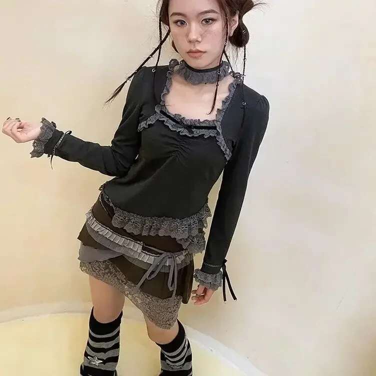2024 Autumn Long Sleeve Square Collar Patchwork Lace Hottie Tunic Tees Irregular Vintage T-Shirt Y2k Tops For Women Ropa Mujer