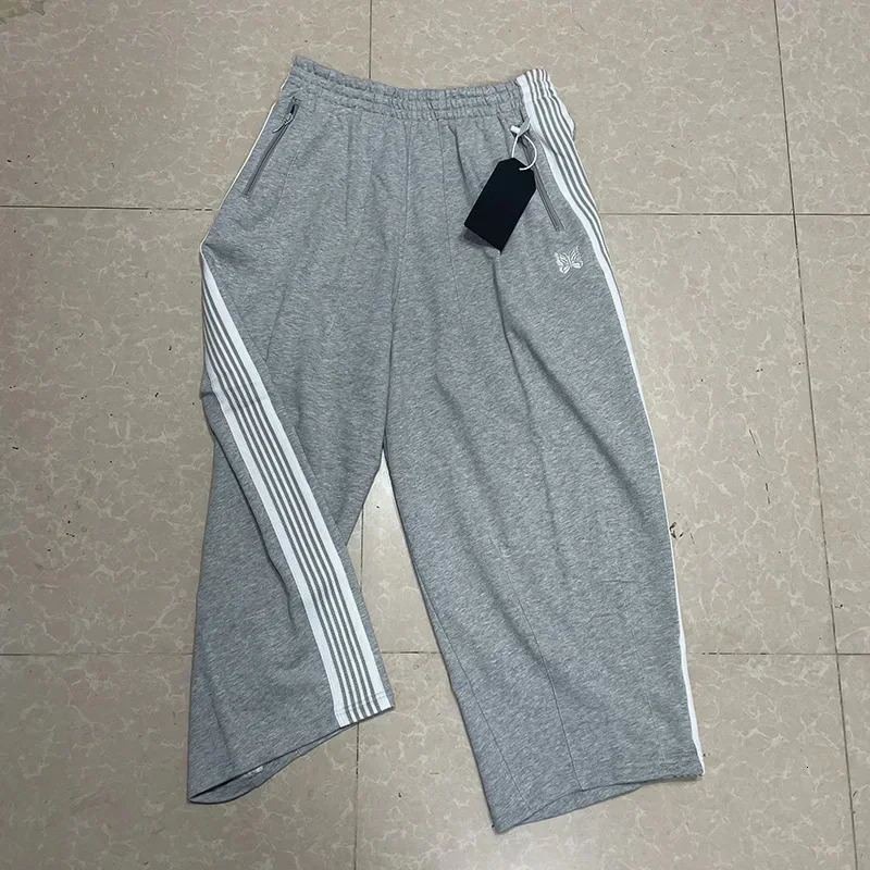 25SS Butterfly Embroidery AWGE Wide Leg Pants Men Women Grey Pure Cotton Oversized Striped Sweatpants 250304