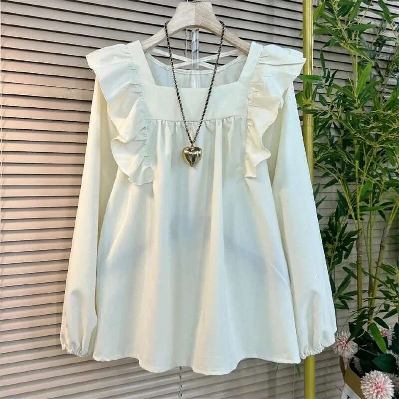 New Women's Shirt 2024 Spring Autumn Long Sleeve Lotus Leaf Edge Casual Ladies Tops Design Sense Square Neck Loose Lady Blouse
