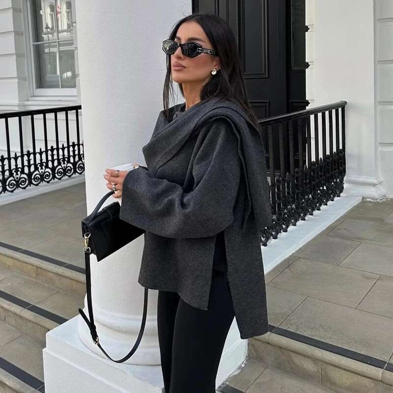 TRAF 2024 Plush Winter Coats Asymmetric Scarf Demi-Season For Women Parkas Long Sleeve Padded Coat Woman Jacket