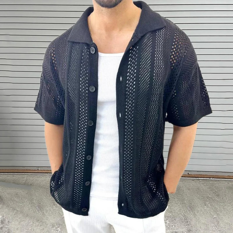 Vintage Knitted Hollow Out Shirts Men Fashion Button Lapel Short Sleeve Knit Shirt Summer Mens Knitwear Casual Solid Color Tops 250304
