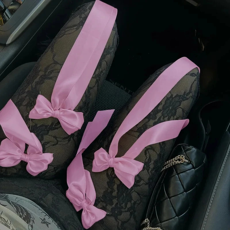 Womens Lace See Through Bow Trousers Sexy Tulle Balletcore Bell-Bottomtrousers Pant Casual Pants Flared Trousers Club Wear 250304