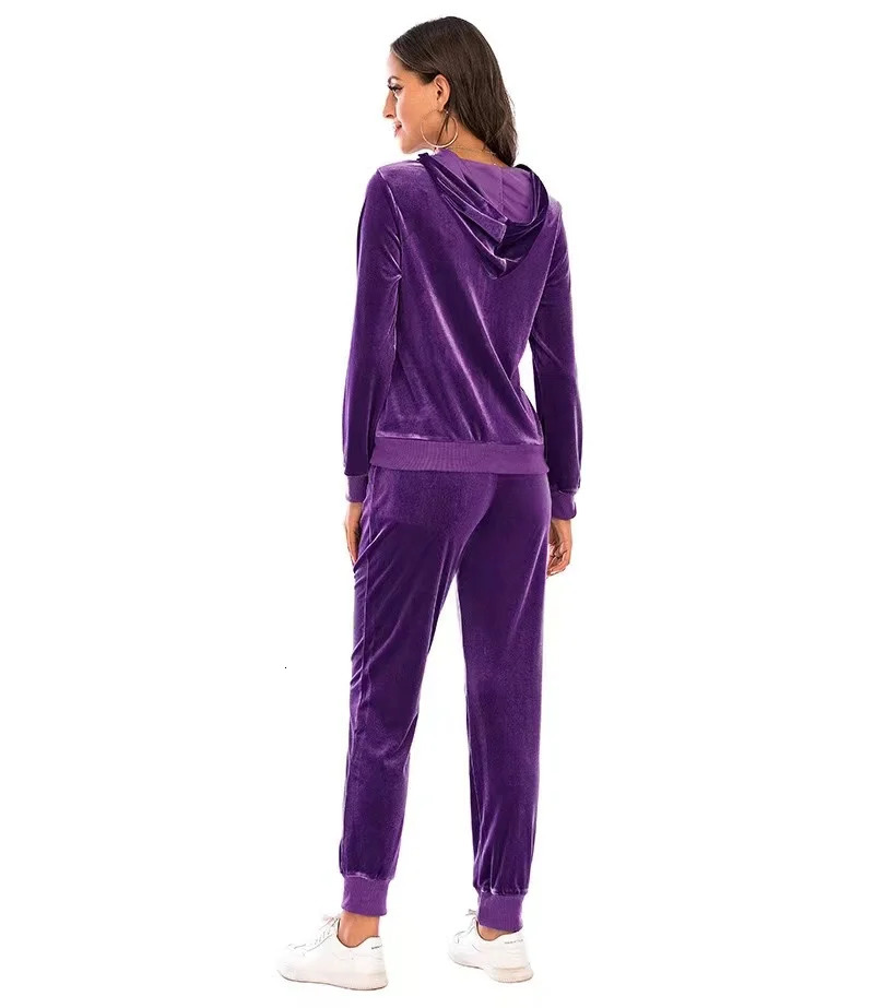 Autumn Velvet Tracksuit Womens 2 Piece Sweatshirt Sweatpants Set Full Zip Hoodie Sweatsuit With Pockets Casual Sportswear 250304