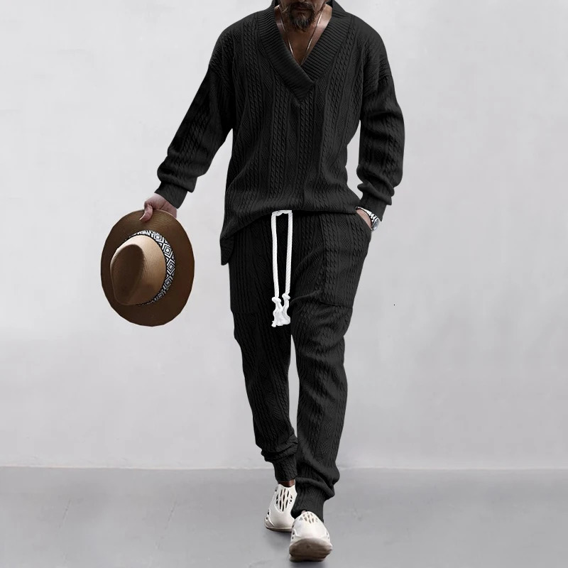 Spring And Autumn Mens Suit Europe And The United States Style Heavy Quality Jacquard V-neck Shirt Trousers Two Sets 250303